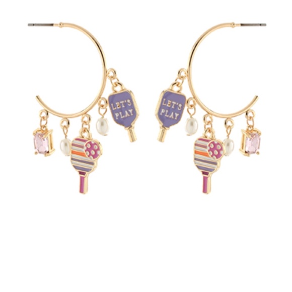 Pickleball Enamel Charm Trimmed Hoops - Picture 1 of 1
